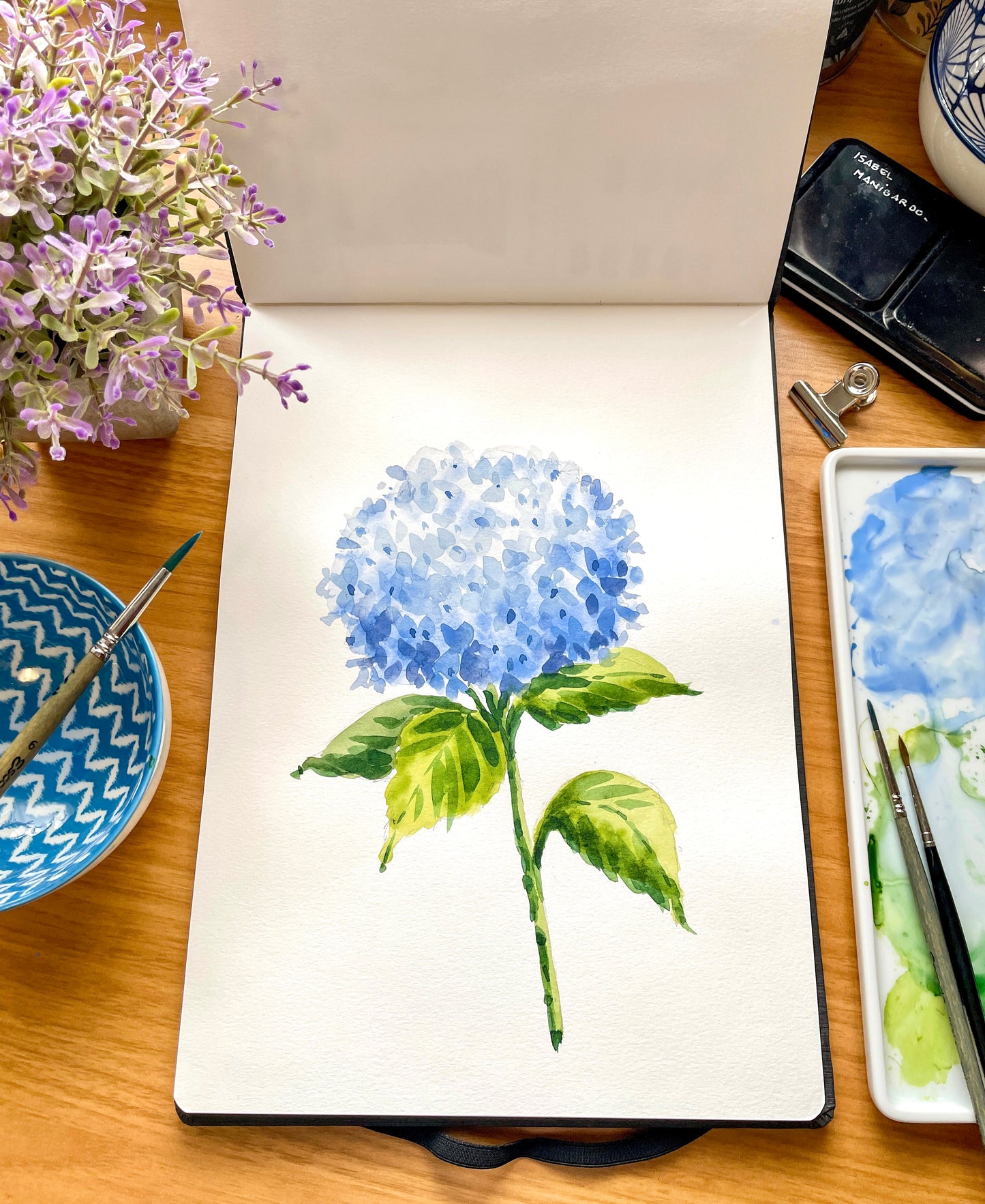 Hydrangea Tutorial VIDEO watercolour flower Step by Step painting, SPANISH Audio English Subtitles, Flowers tutorial, botanical illustration