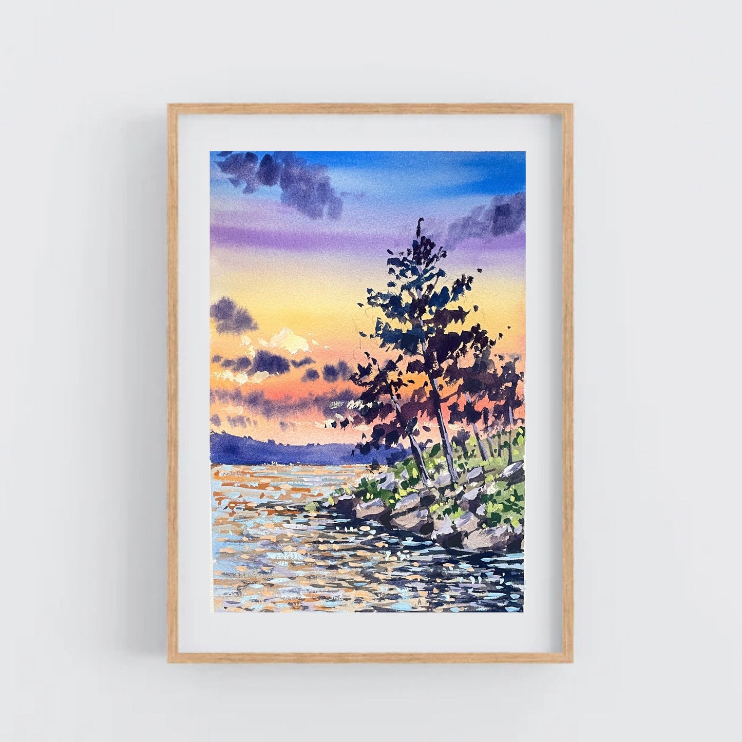 “Sunset Sparkles at the lake” Original Gouache Painting