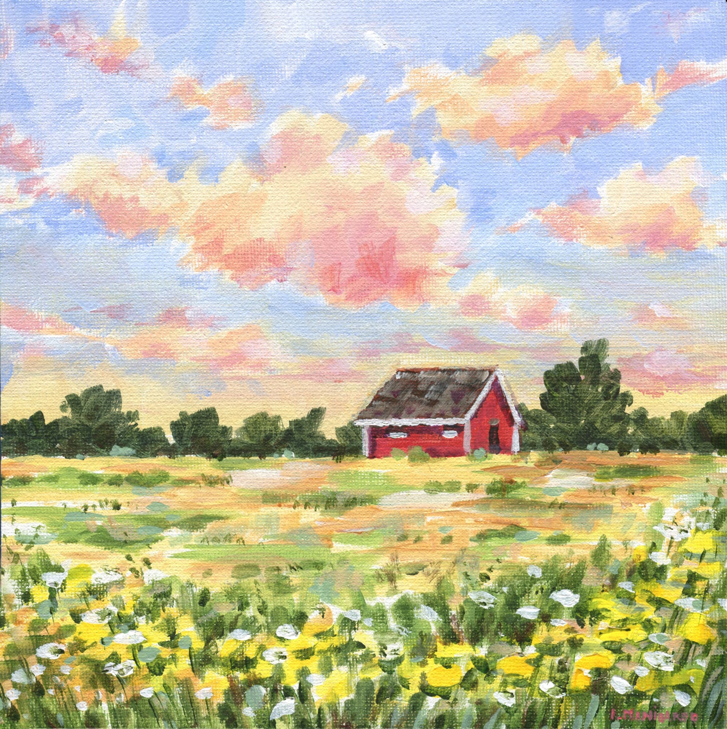 Old Farm in the Flower Fields Original Acrylic Painting