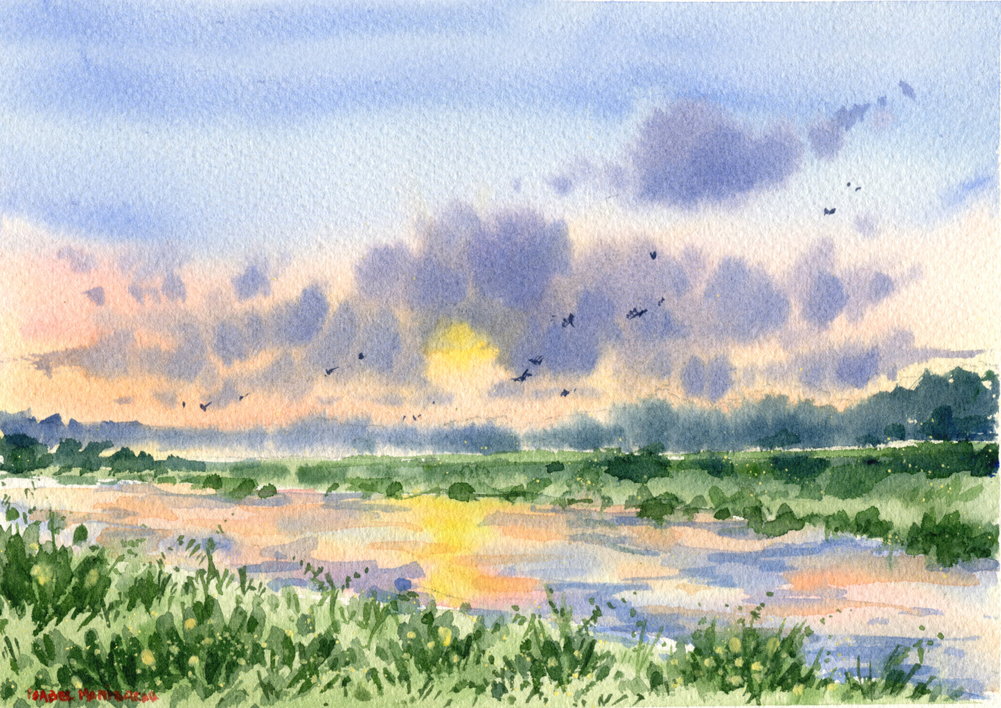 Sunset at the River Original Watercolor