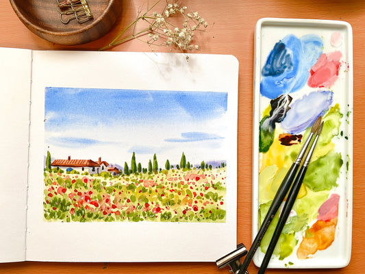 Tuscany, Italy Landscape Tutorial, Step by Step painting downloadable PDF, easy Watercolor Tutorial, Italy art tutorial, watercolour guide