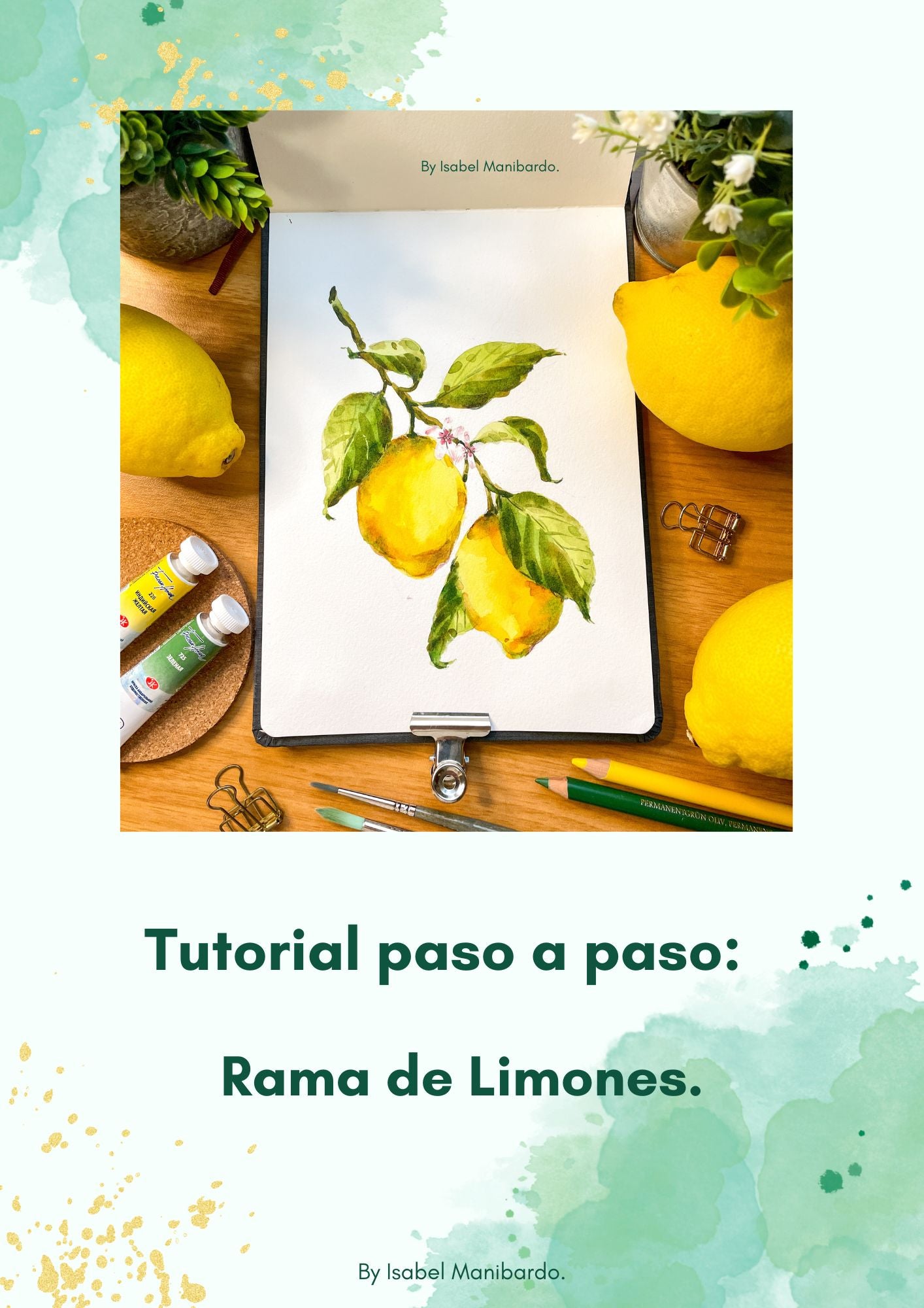 Lemons Branch Tutorial Step by Step painting downloadable PDF, watercolour tutorial, botanical art guide, Fruit illustration tutorial