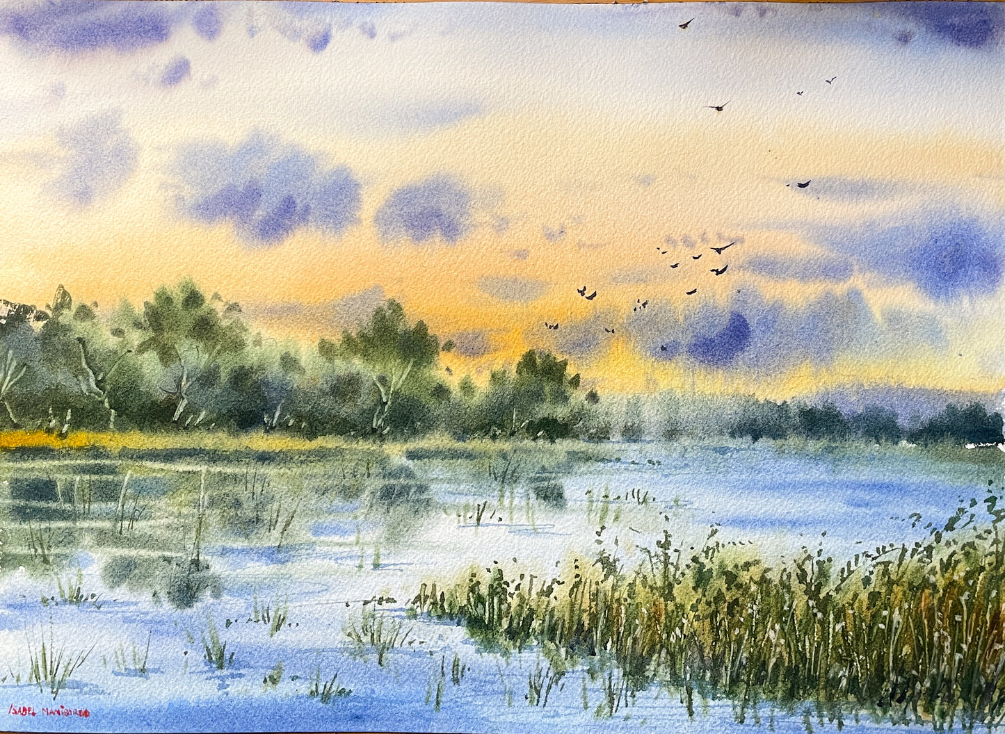 Sunset at the lake Original Watercolor