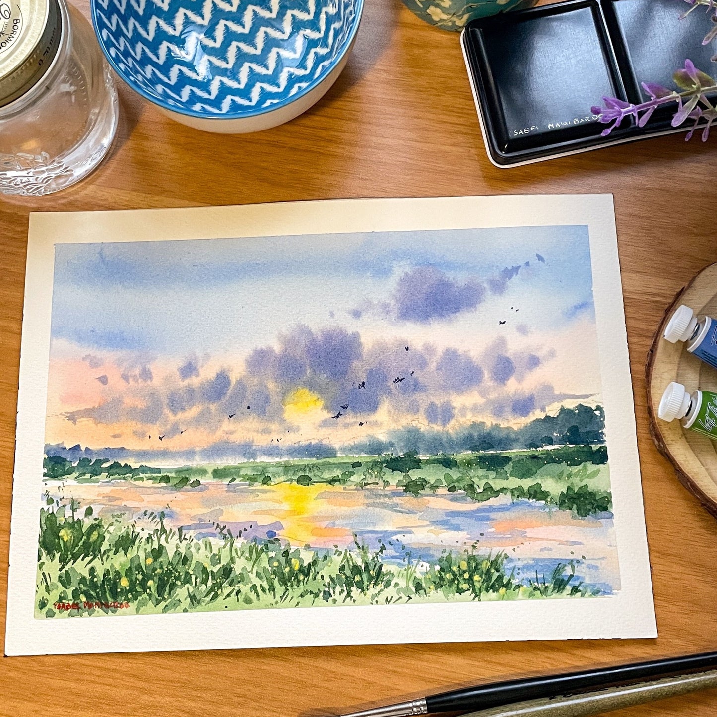 Sunset at the River Original Watercolor