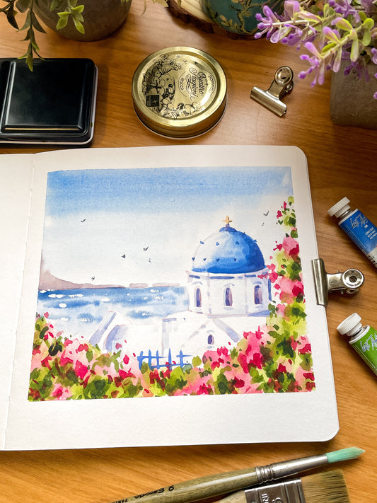 Santorini, Greece Tutorial Step by Step painting downloadable PDF, beginner’s guide painting tutorial, easy watercolour tutorial, greece art