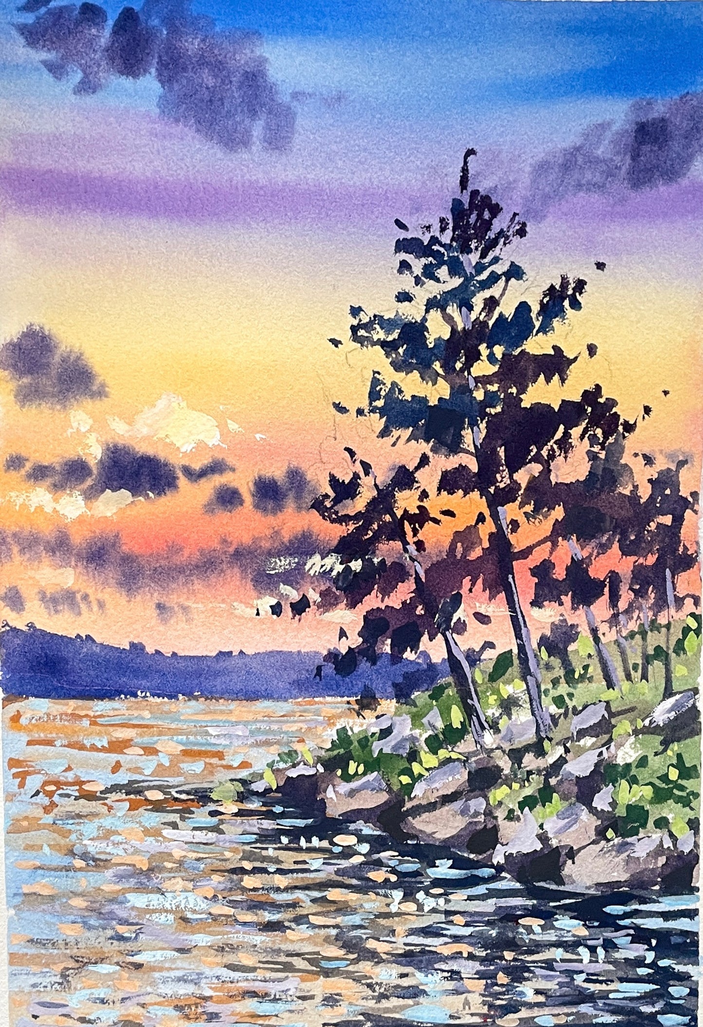 “Sunset Sparkles at the lake” Original Gouache Painting