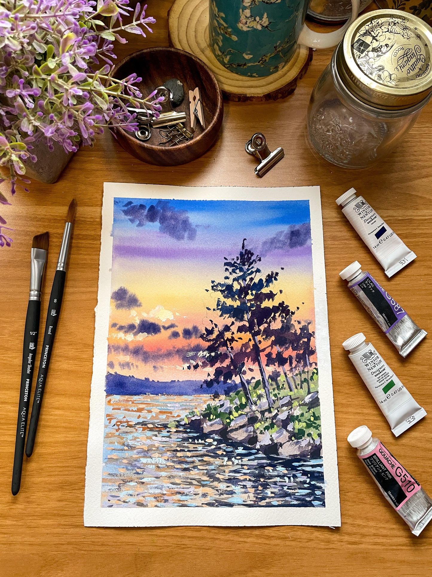 “Sunset Sparkles at the lake” Original Gouache Painting