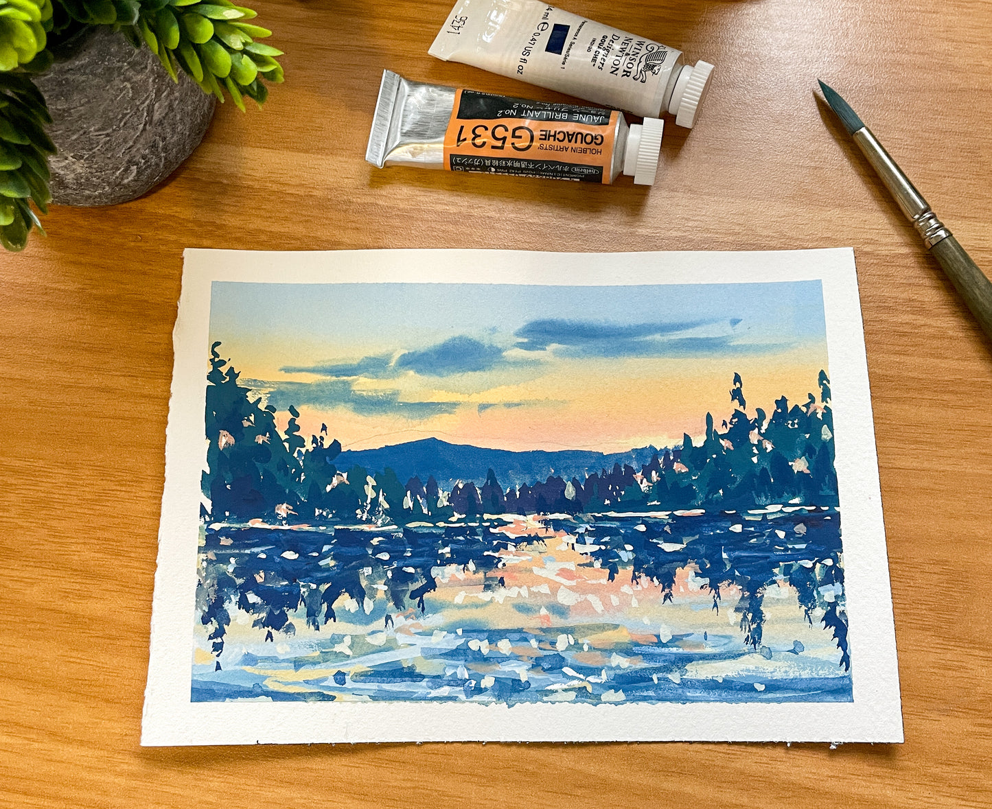 “Sunset on the lake” Original Gouache Painting