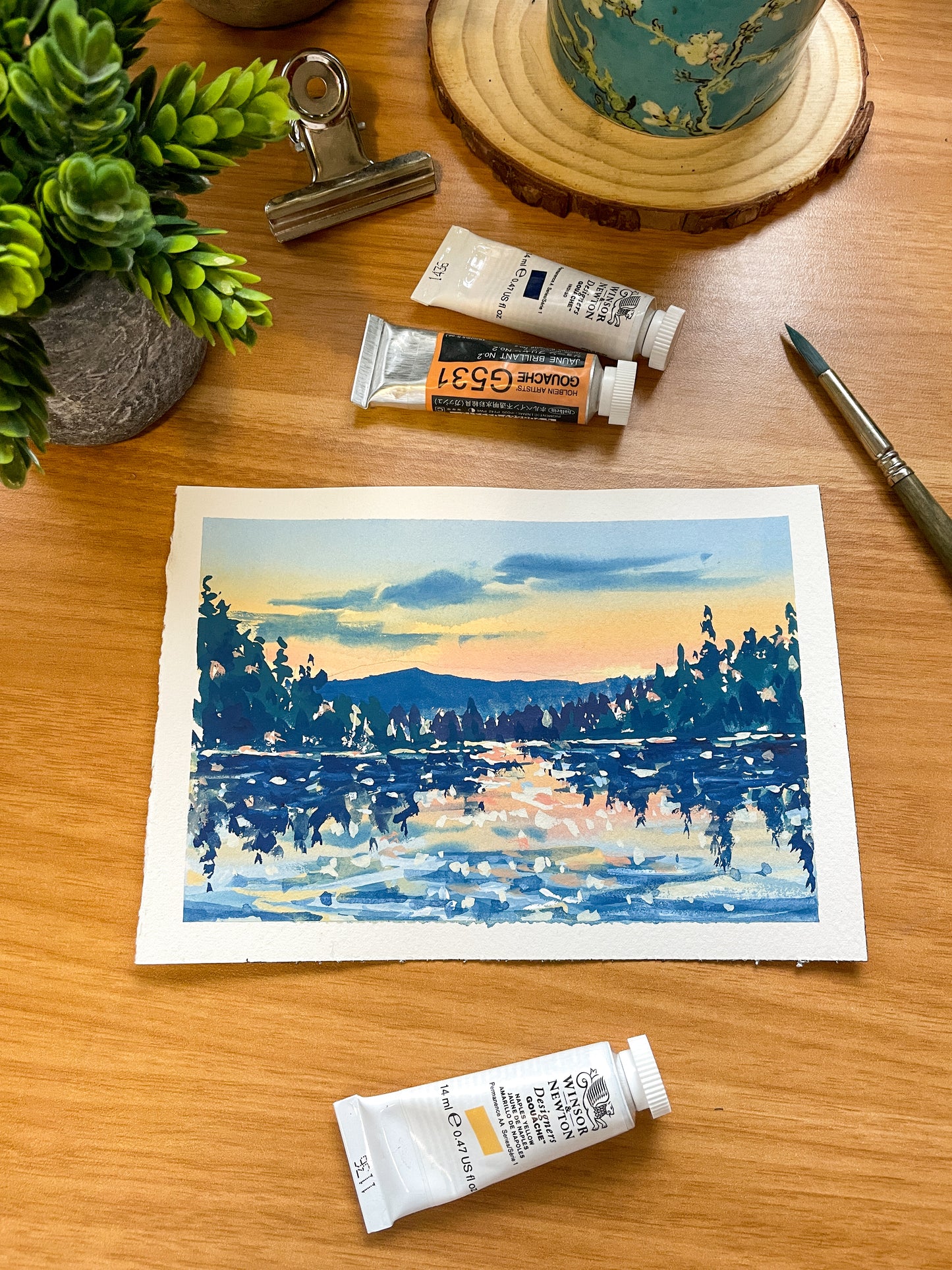 “Sunset on the lake” Original Gouache Painting